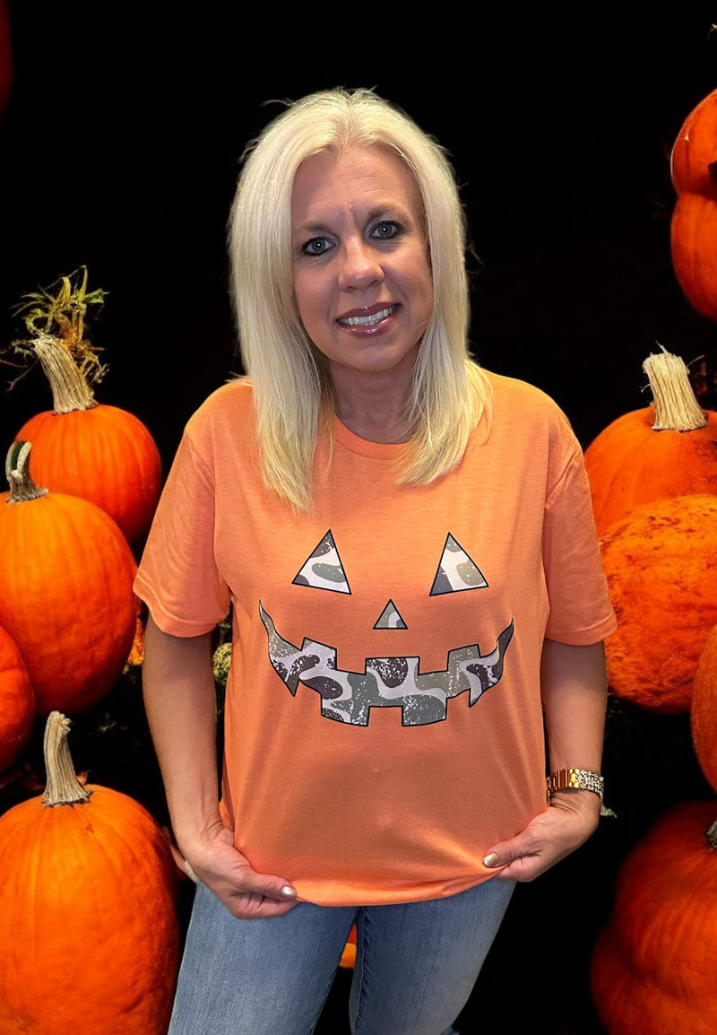 Camo Jack-O’-Lantern Face Tee | Orange Gildan Softstyle