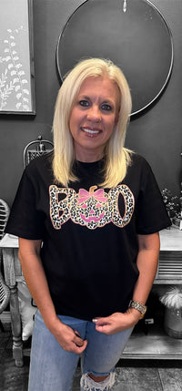 Boo Leopard Jack O' Lantern Comfort Color Tee - Black Gildan Softstyle