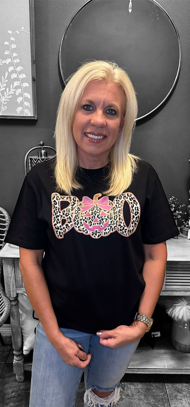 Boo Leopard Jack O' Lantern Comfort Color Tee - Black Gildan Softstyle