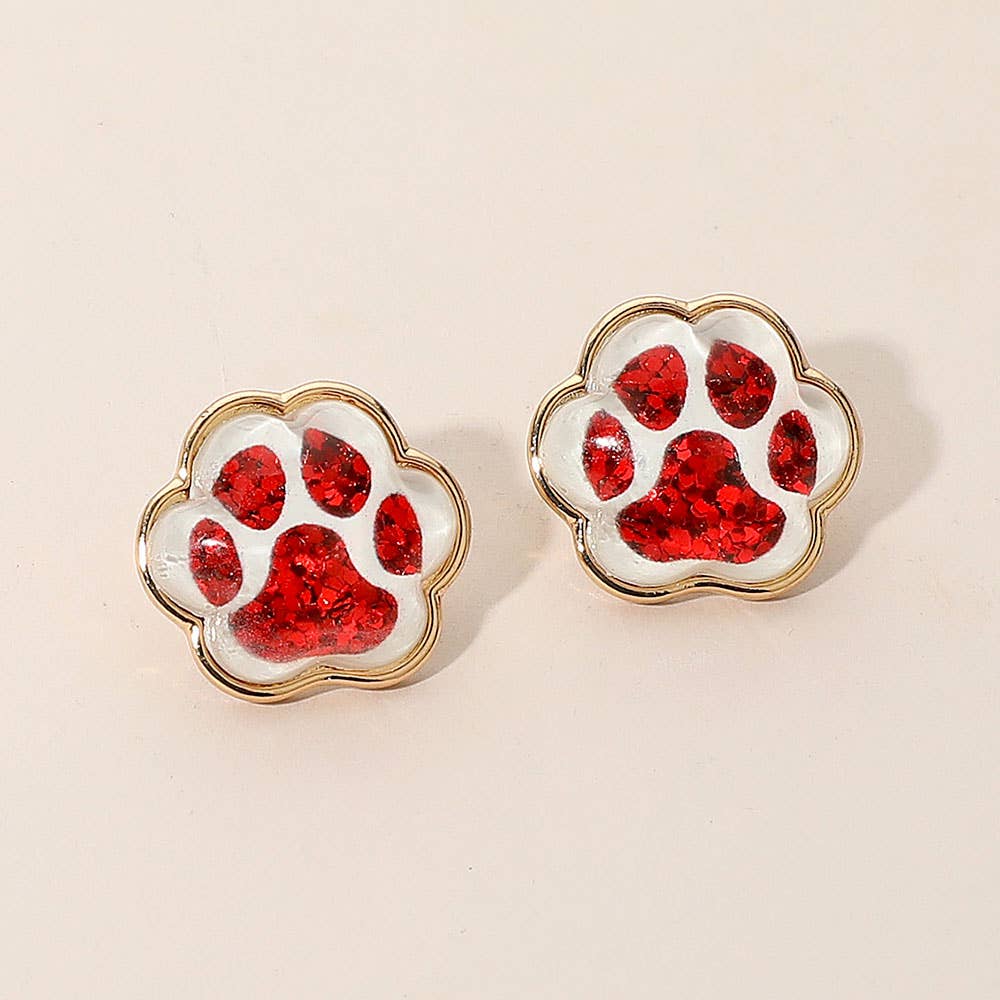 Red Glitter Paw Print GameDay Stud Earrings