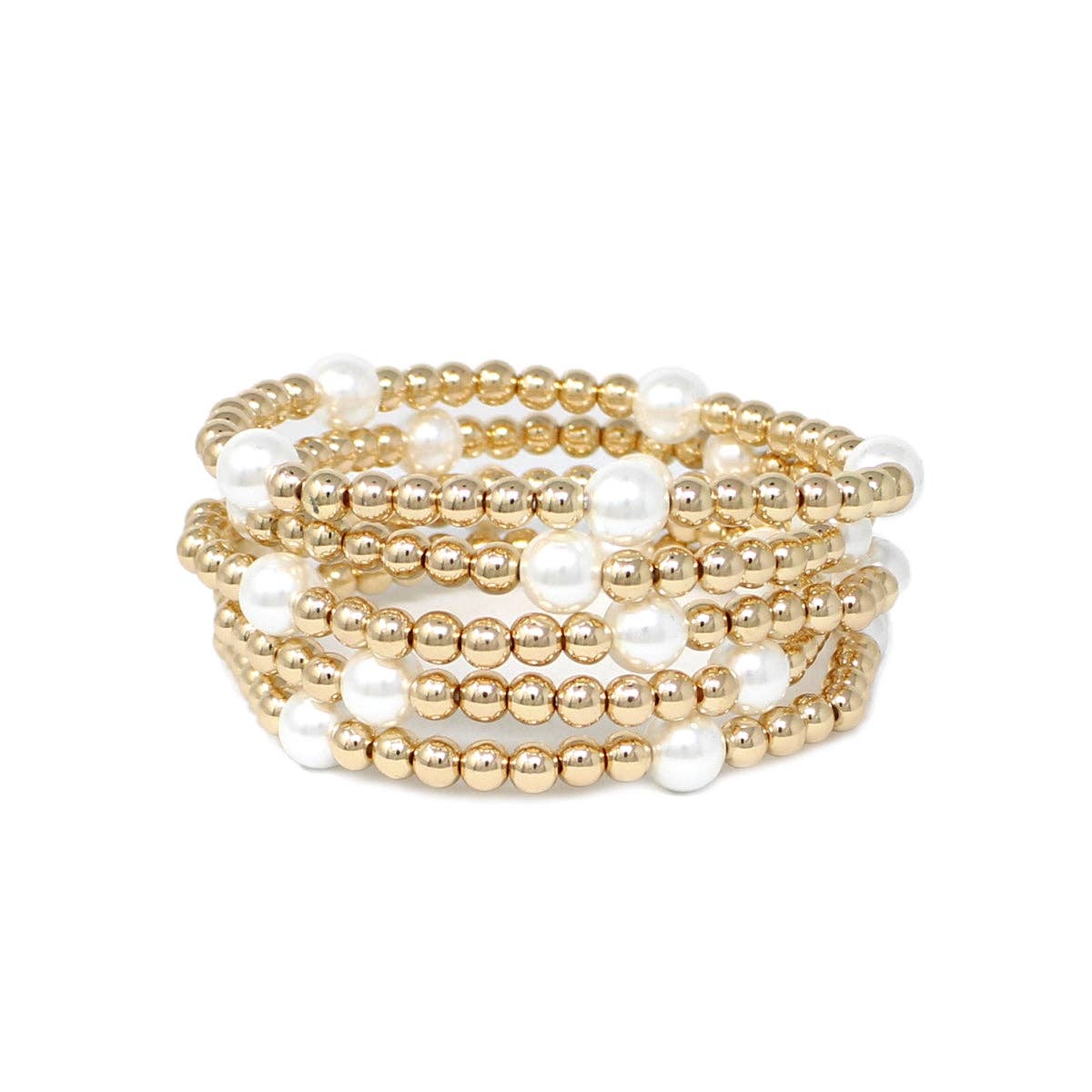 Gold Beaded and Pearl Stretch Bracelets - 5 pieces