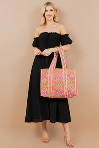 Quilted Tote Bag Pink and Orange Floral
