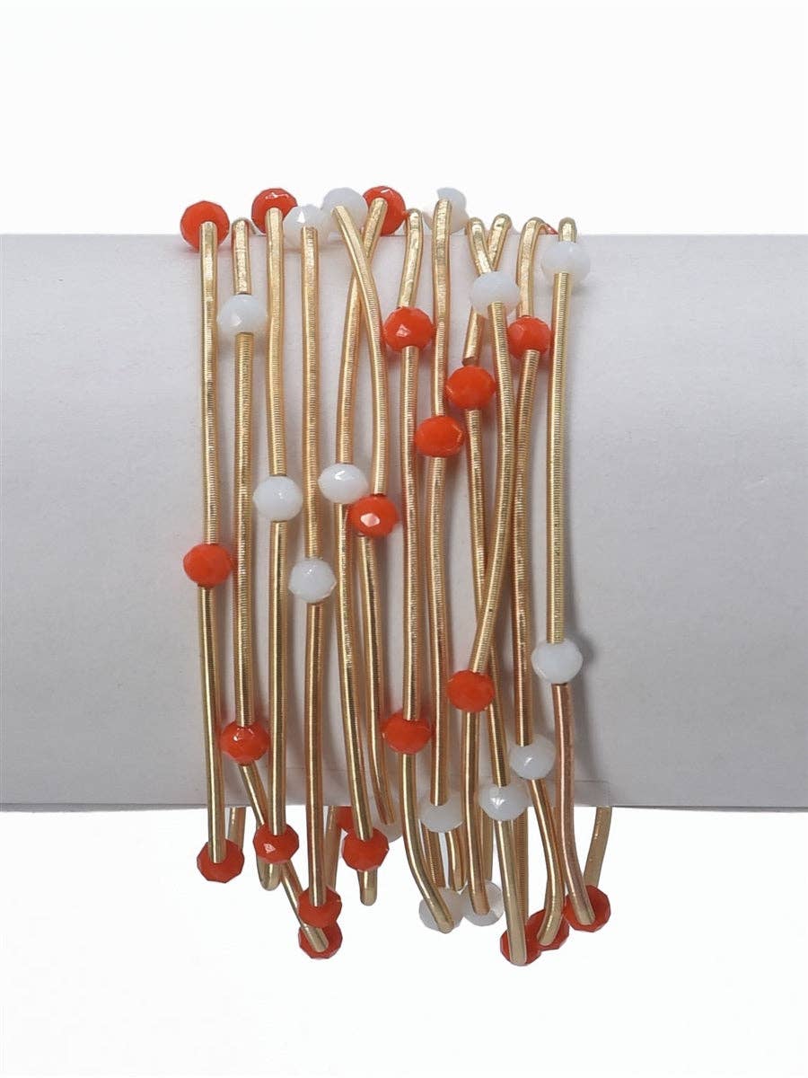 Gold Wired Orange And White Stretch Bracelets - 9 pieces