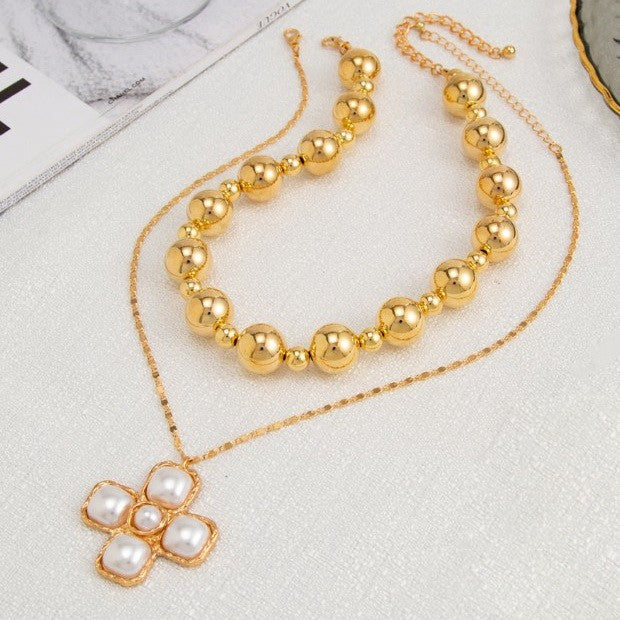 Josslyn Puff Pearl Cross Two Layer Necklace