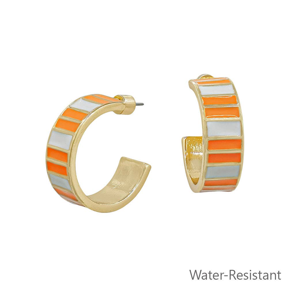Gameday Orange and White Emanel Striped 1" 10MM Wide Hoop Earring