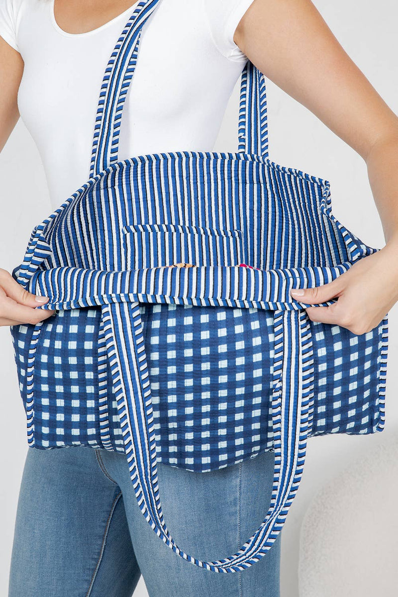 Checkered Quilted Tote Bag - Blue