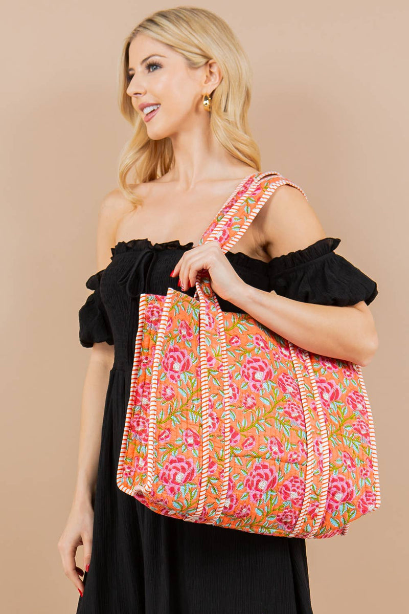 Quilted Tote Bag Pink and Orange Floral