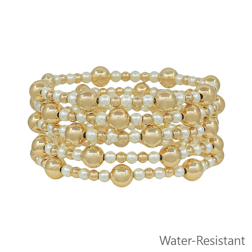 What's Hot - Water Resistant Set of 5 8MM & 4MM Gold and Pearl Beaded Stretch Bracelets