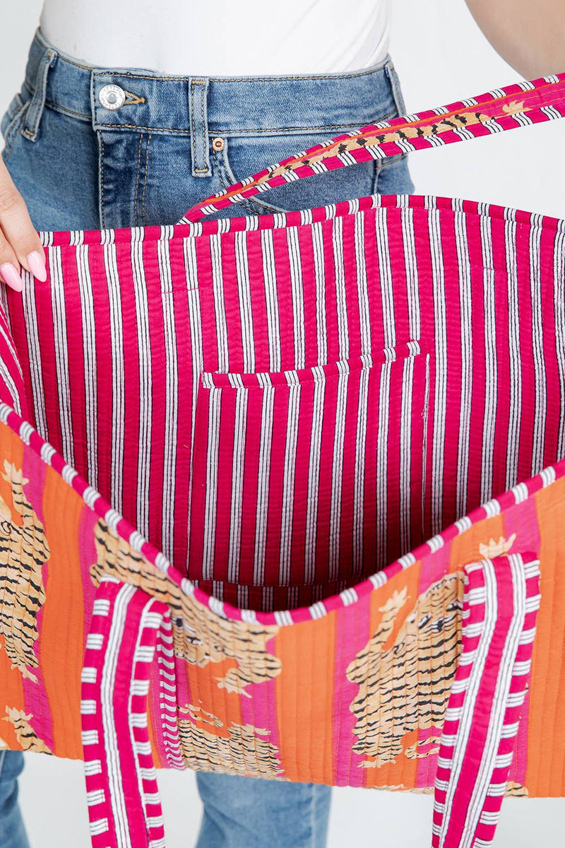 Tiger Handmade Quilted Reversible Tote Bag - Pink and Orange